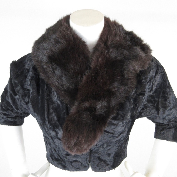 Vintage Mid Century  Black Velvet / Fox Fur Bolero - Picture 2 of 8