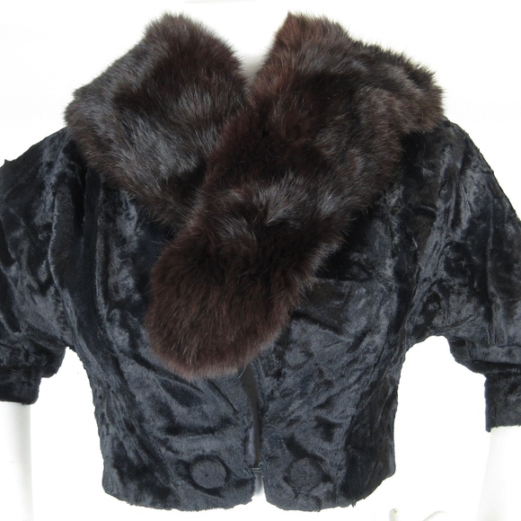 Vintage Mid Century  Black Velvet / Fox Fur Bolero - Picture 4 of 8