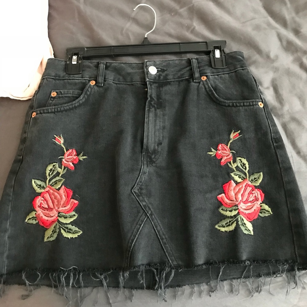 Black denim floral skirt