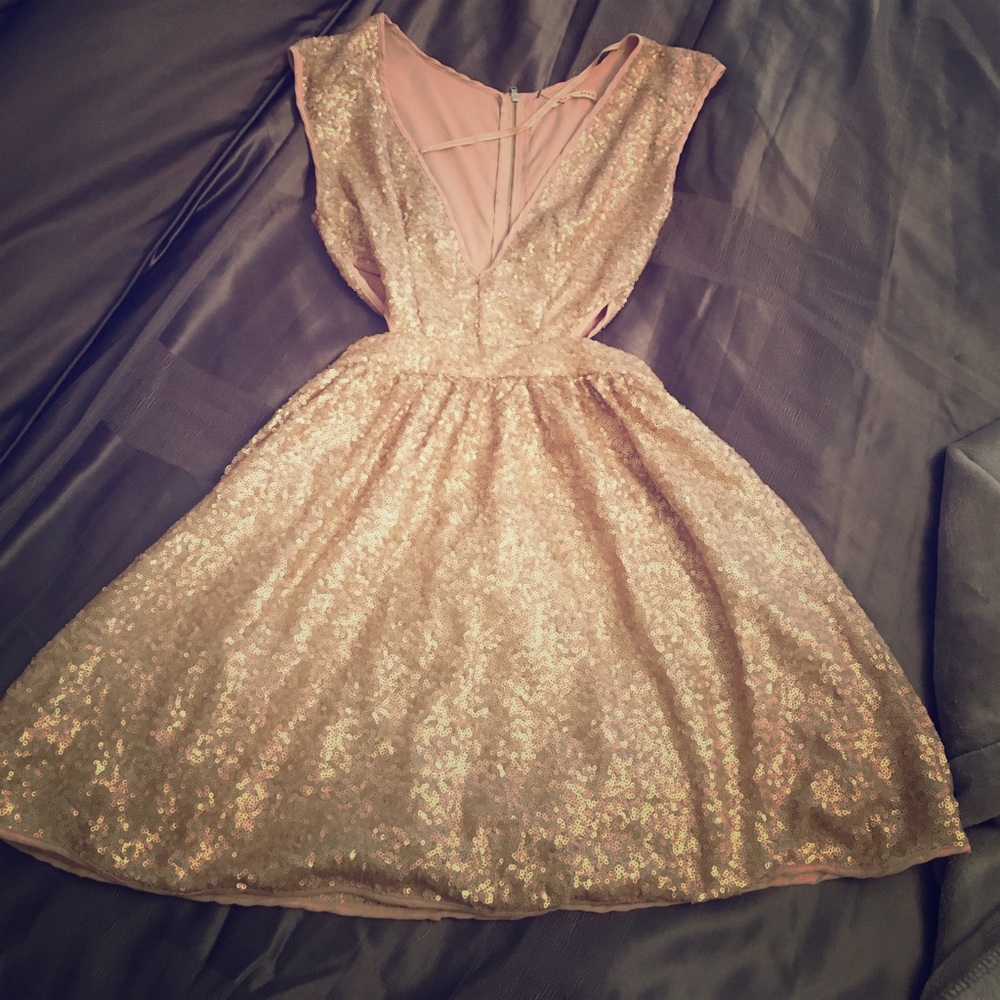 Blush pearl rose gold v neck cut out flare dress
