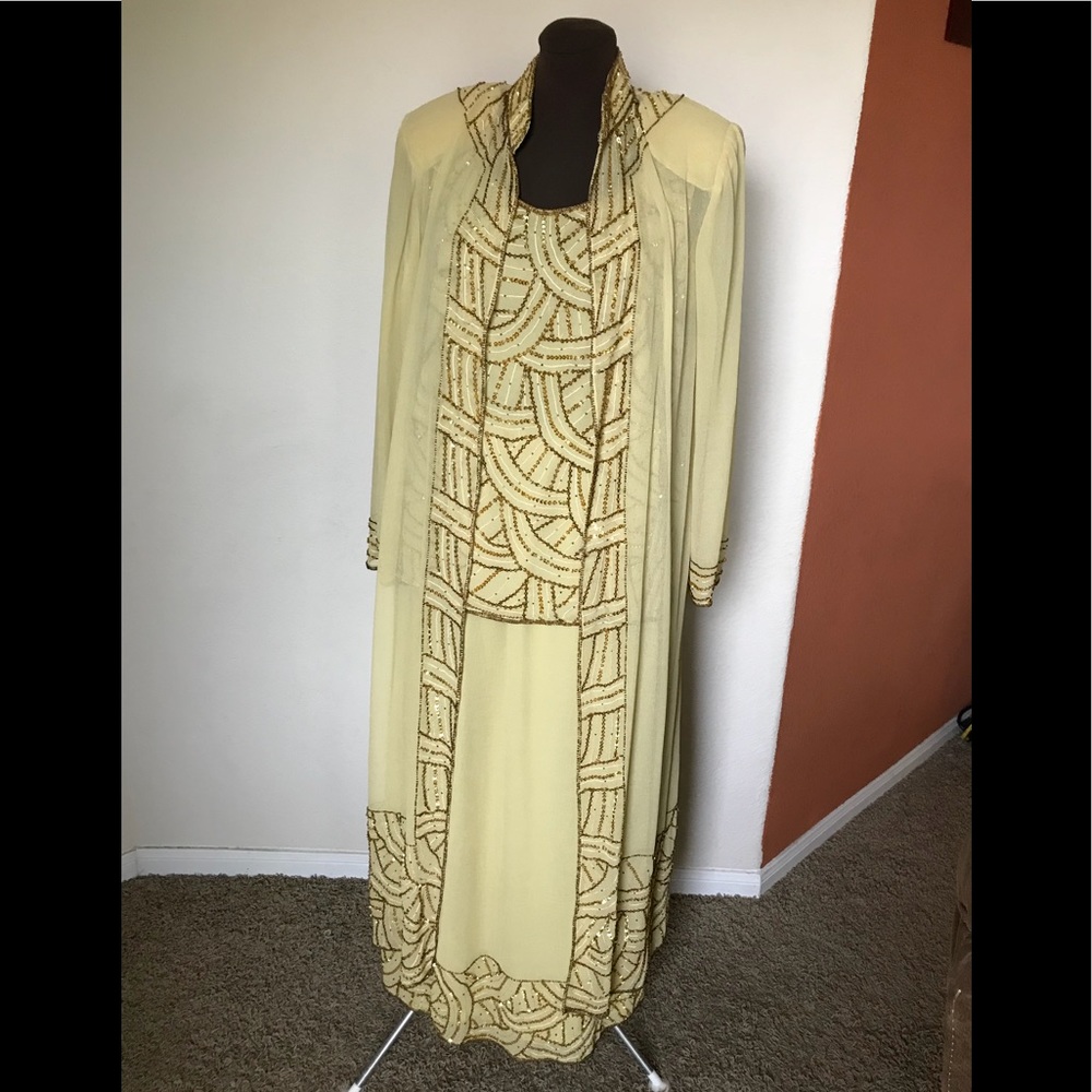 Chiffon three piece evening gown trio with sequins