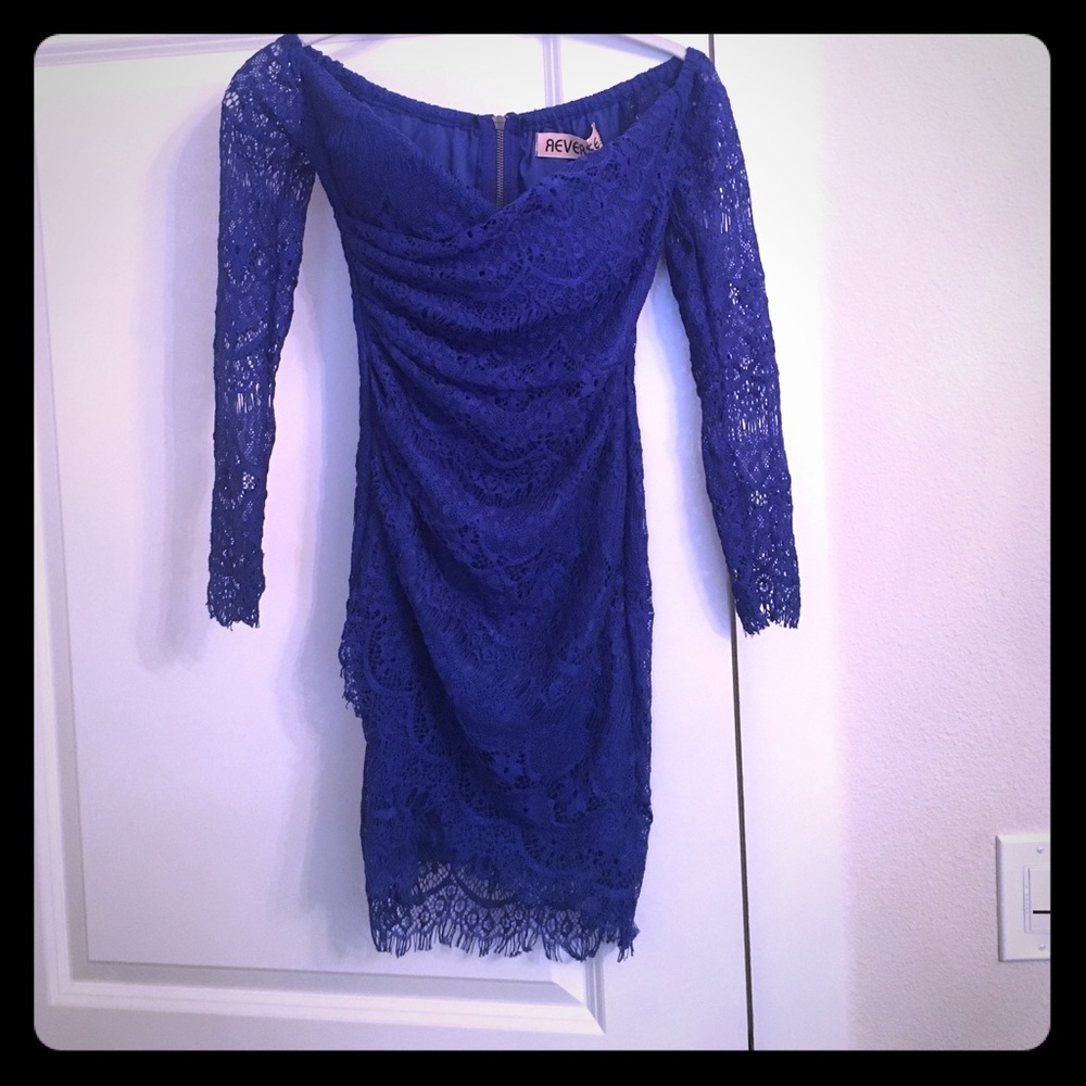 3/4 sleeve off shoulder royal blue lace dress