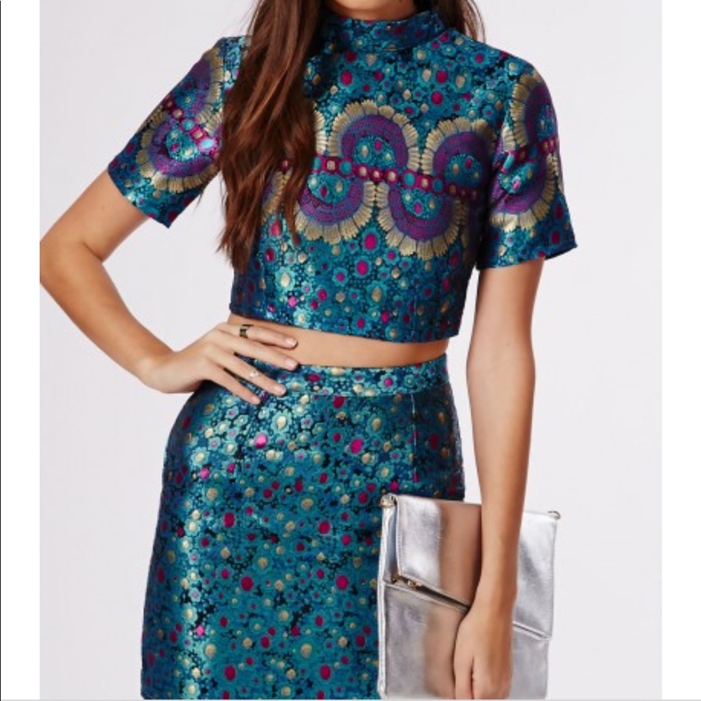 Metallic teal skirt set