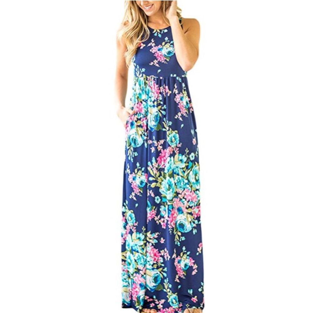 NWOT Long dark blue flora dress