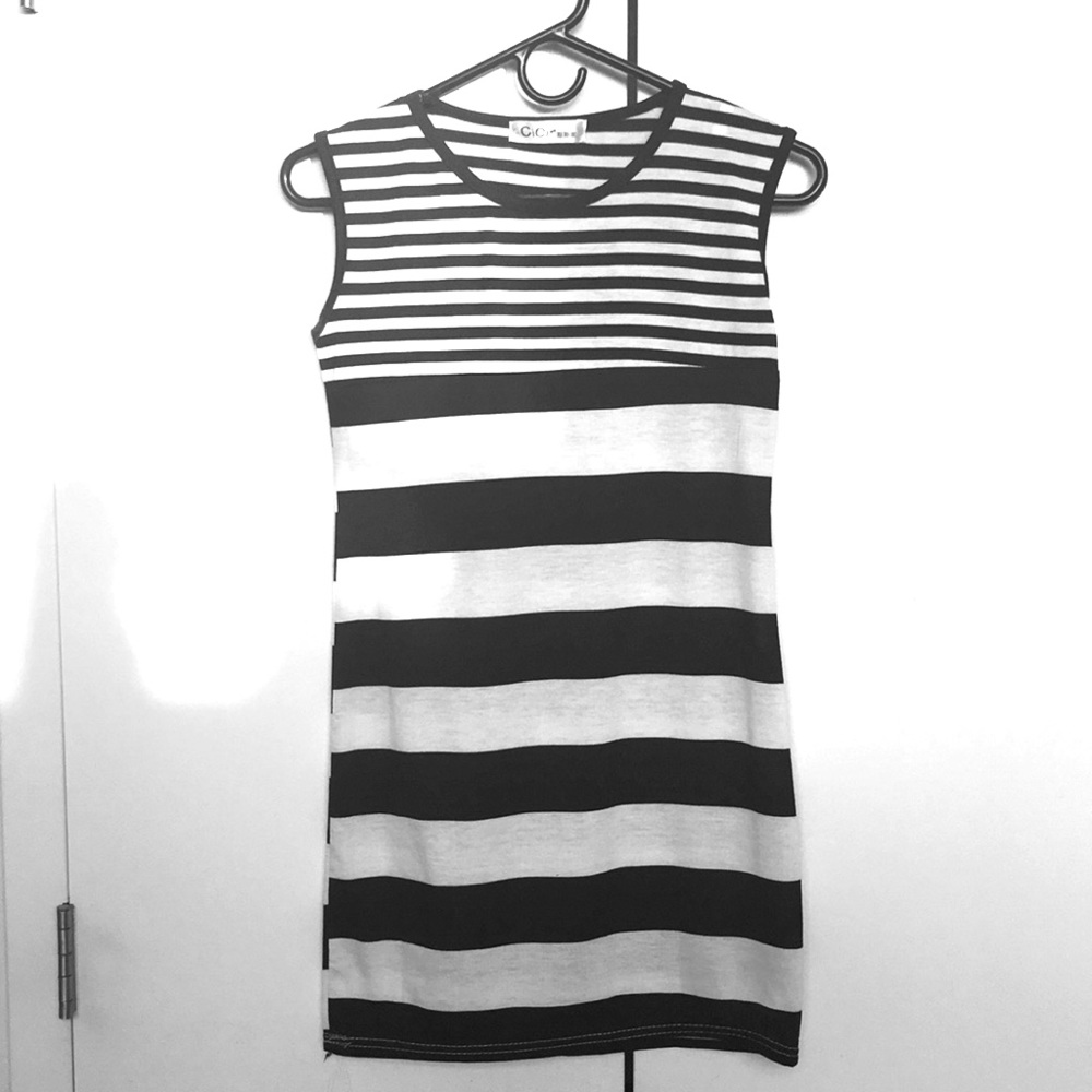 CICI Black and White Striped Tan Mini Dress