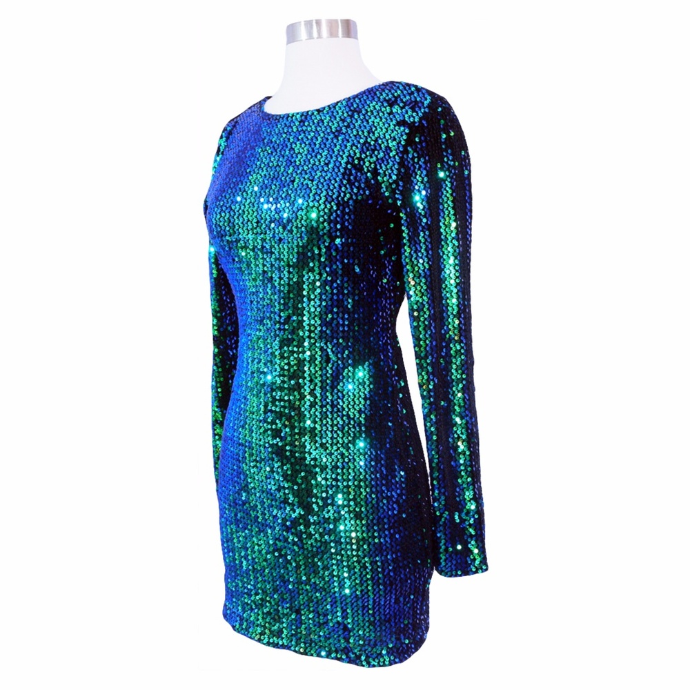 Green Iridescent Long Sleeve Bodycon Sequin Dress - Picture 7 of 8