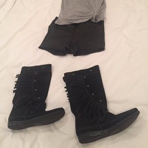 Black Minnetonka black suede fringe boots