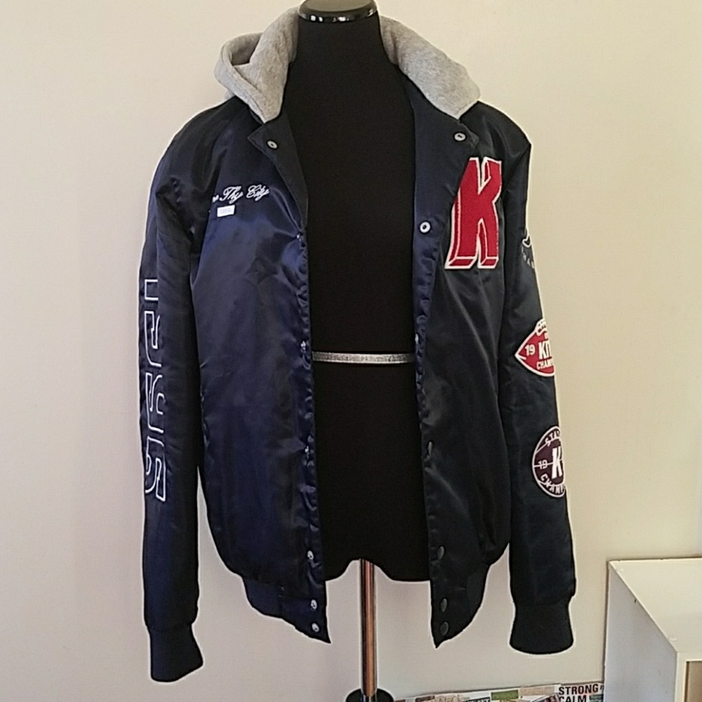 Navy Gorman blue KITH varsity jacket w/Grey hood