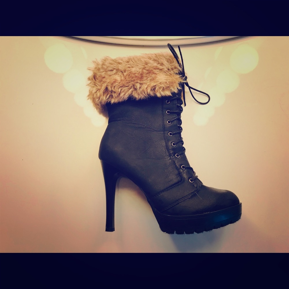 Fur Trim Black Heel Boot