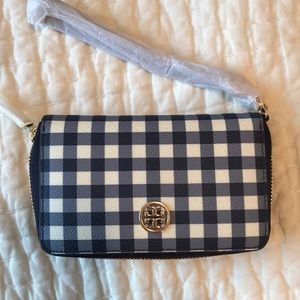 Tory Burch Navy Gingham Zip Wallet