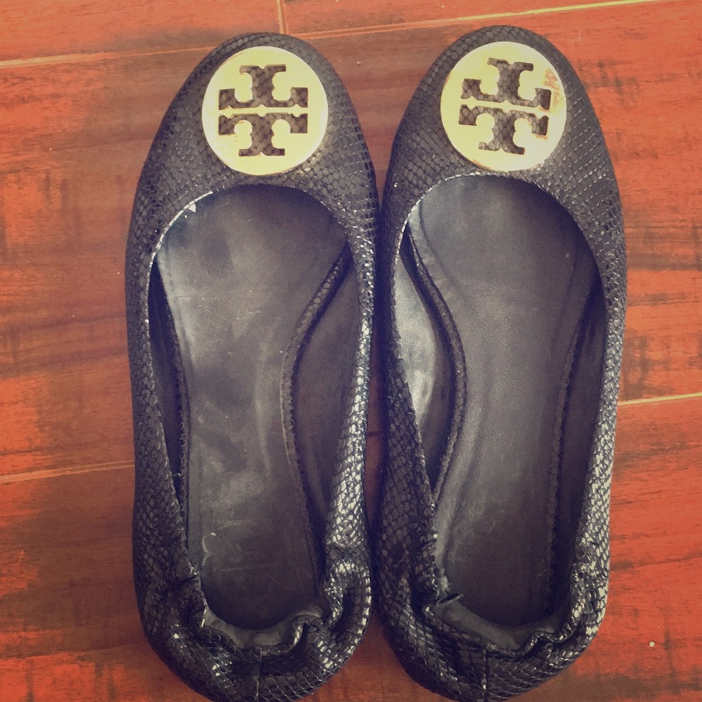 Tory Burch Black Snakeskin Flats