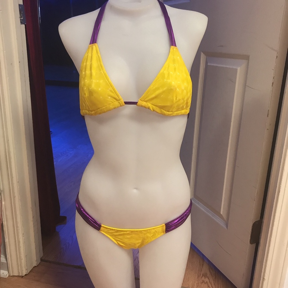 J Valentine Galactic Foil Scrunch Pucker Back Triangle Top Bikini Yellow Purple