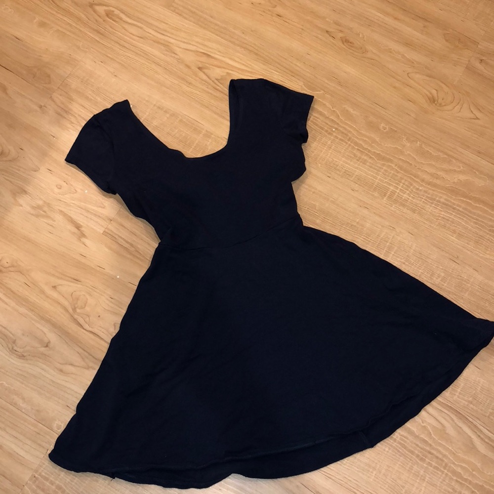 Navy blue cotton skater dress with cross back