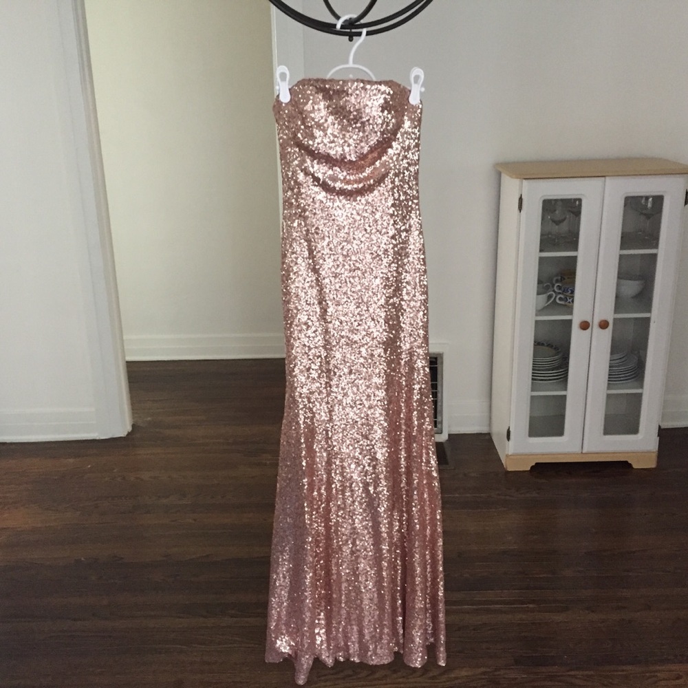 Long rose gold strapless sequin dress