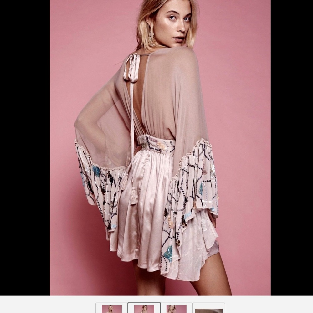 Free People Nude Blush Silk Sheer Sequin Dress 0 - Picture 2 of 4