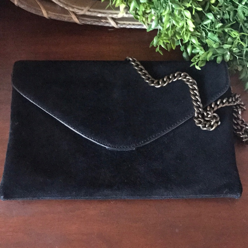 Black suede J.Crew envelope clutch with chain