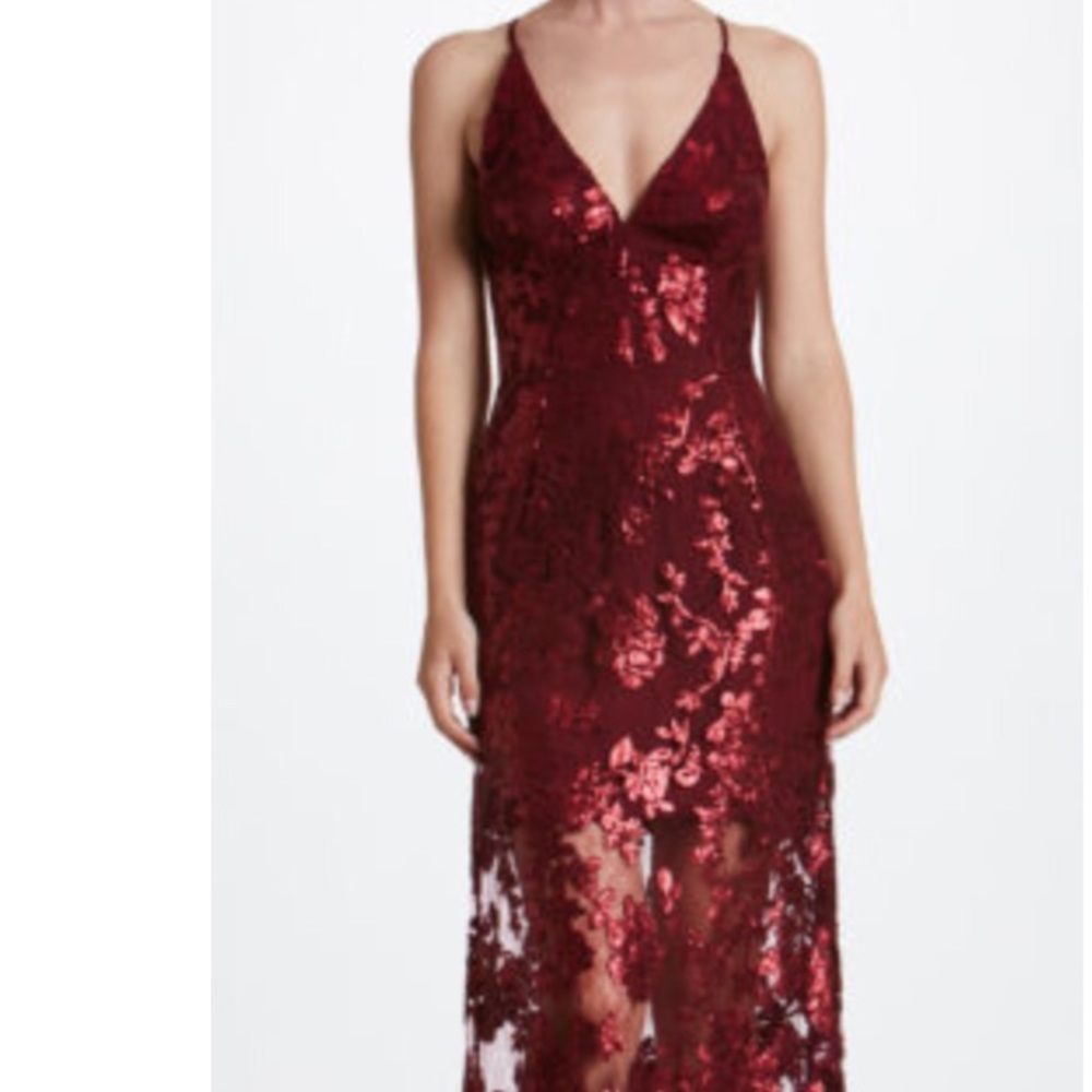 Cross Back Illusion Gown with Sequins & Lace