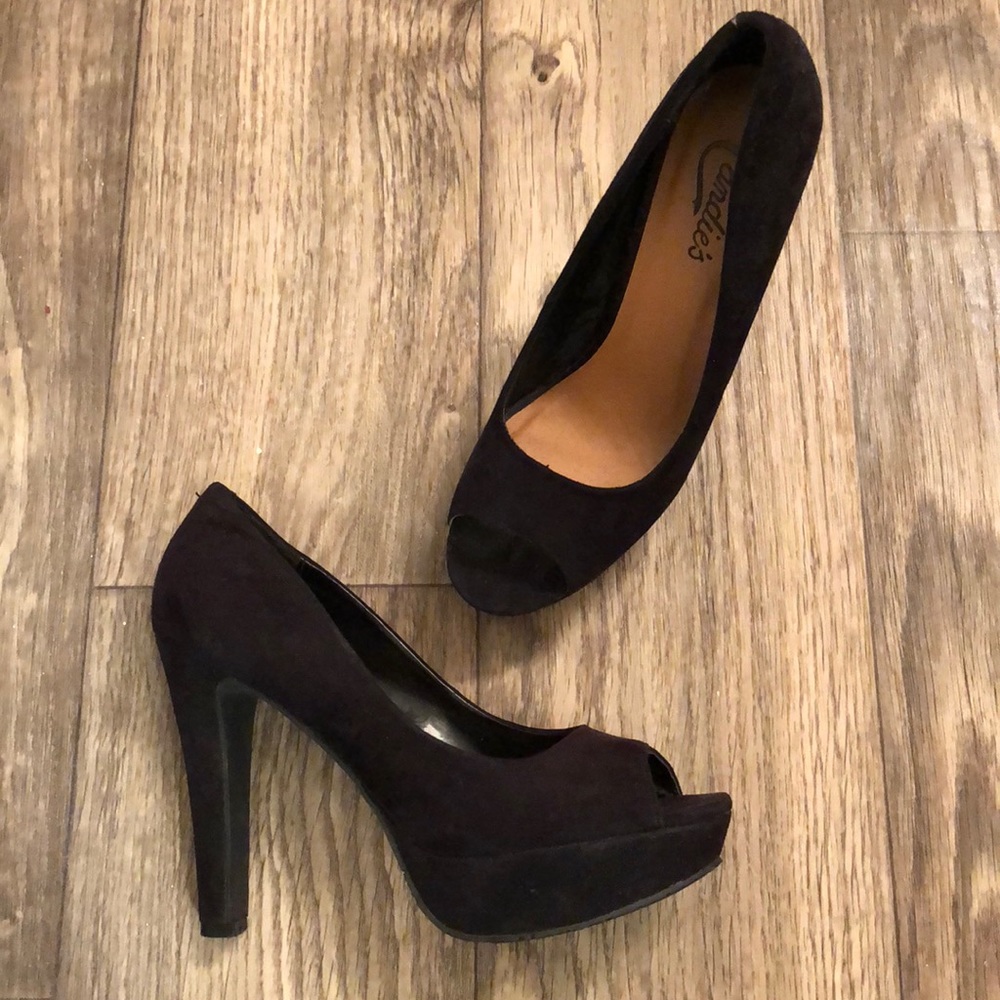 Black suede open toed heels