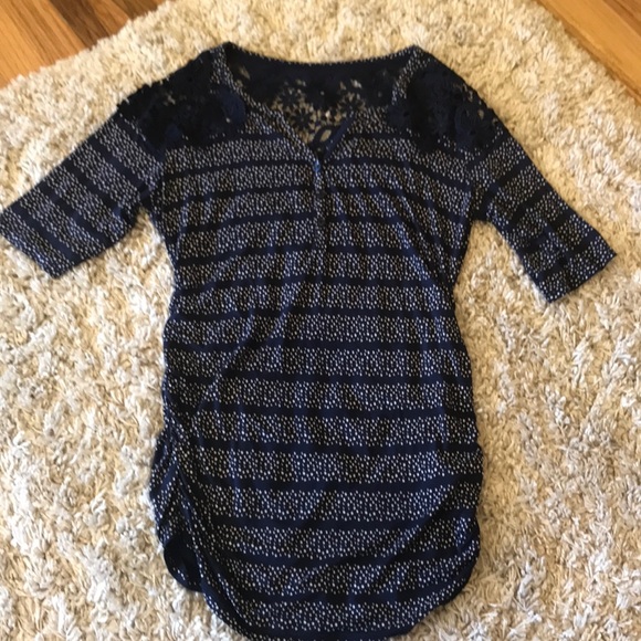 Motherhood Maternity Tops - Blue Crochet shoulder Henley neck maternity top