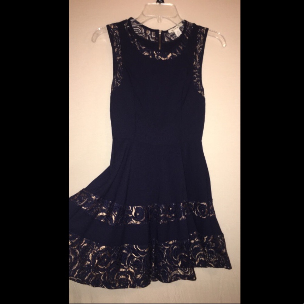 Fit and Flare navy blue and gold lace dress
