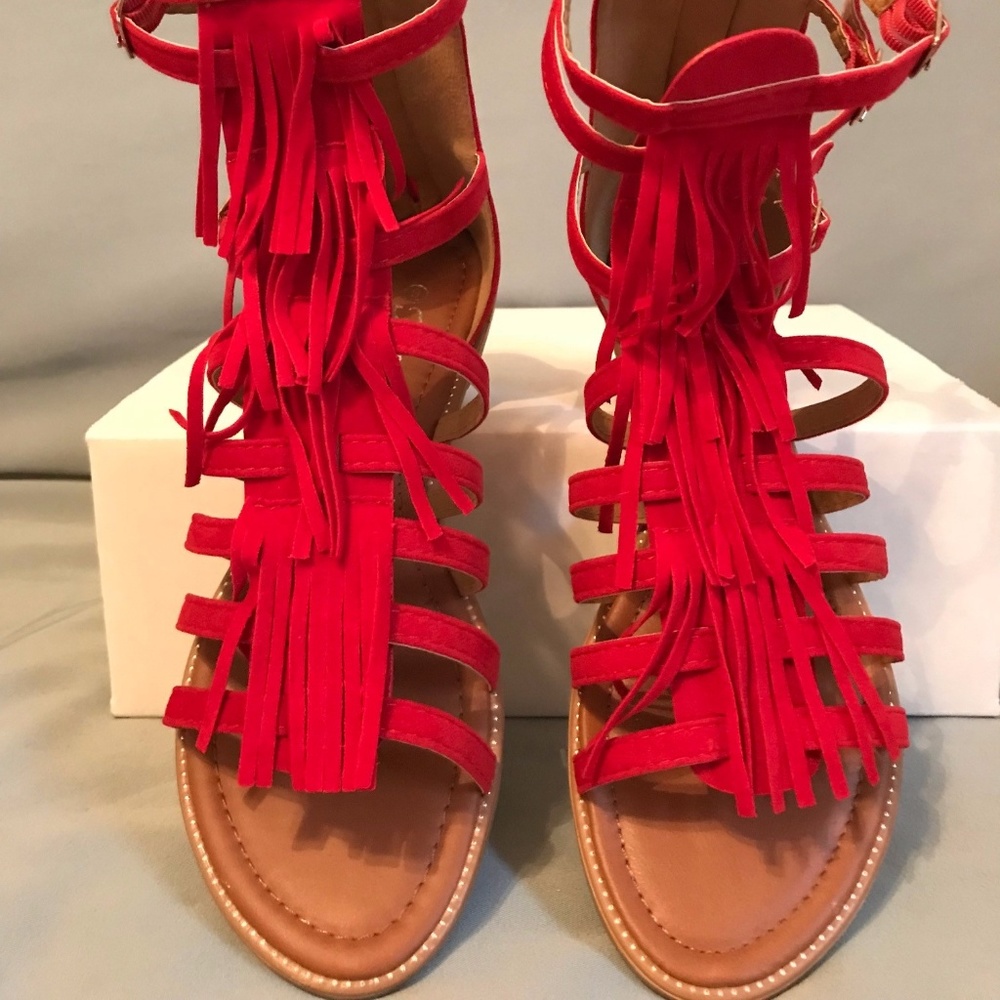 Red Gladiator Sandals w/ Fringe Accent