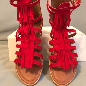 Red Gladiator Sandals w/ Fringe Accent