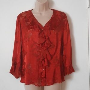 Vintage Red Floral Blouse with Ruffles
