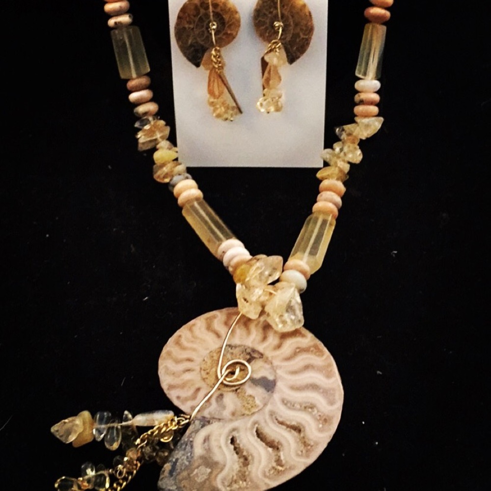 Ammonite on Citrine and Opal necklace & Earrings