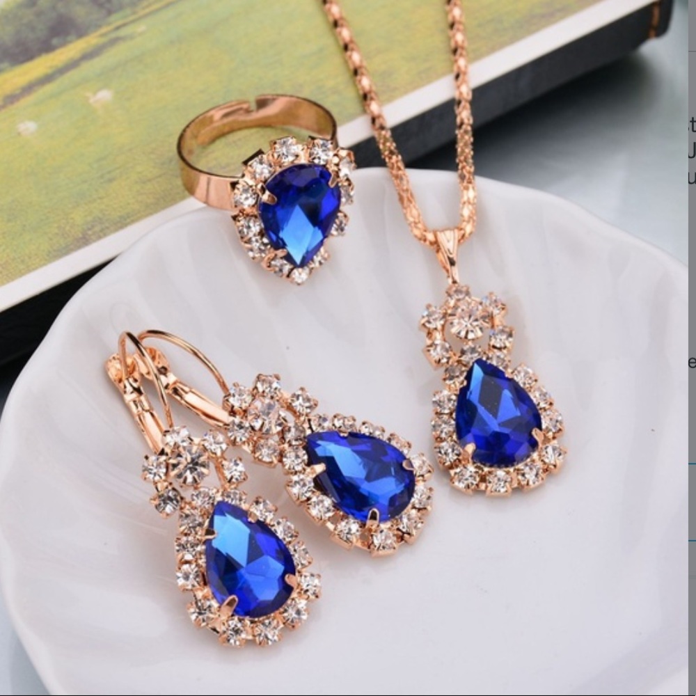 New golden blue necklace earrings adjustable ring