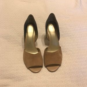 Tan and Black Peep-Toe Heels