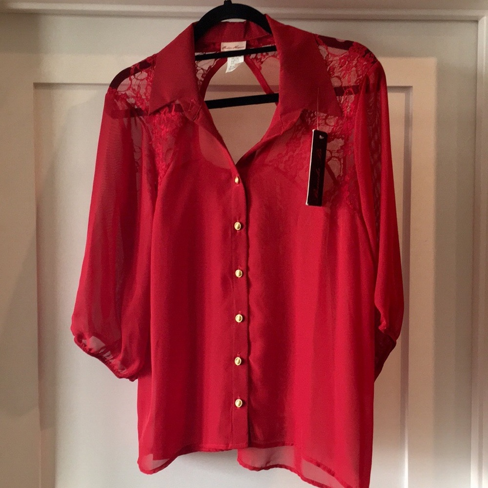 Sheer Red Button-Down Blouse