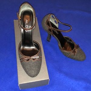 Grey Felt with Brown Trim Aldo Strap Heel