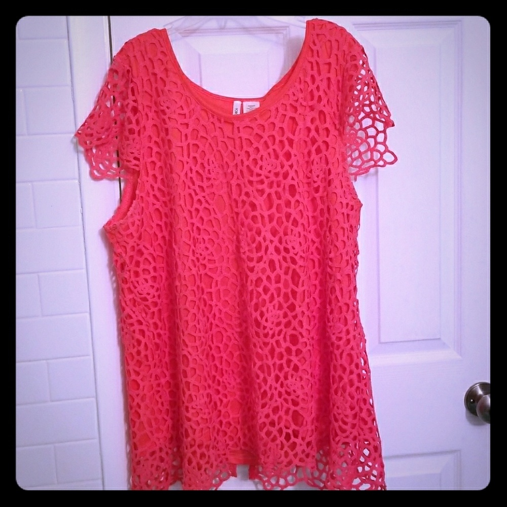 Bright Coral Lace Top 1X