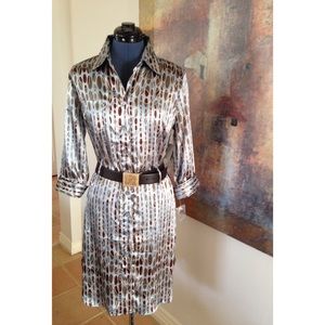 Silky blue brown and white button up shirt dress.