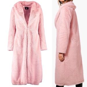 Maxi Faux Fur Trench Coat, Dusty Pink