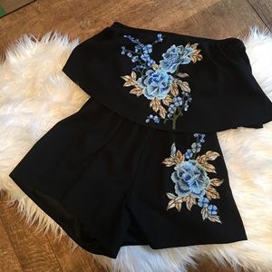 Strapless Flounce Floral Embroidered Romper