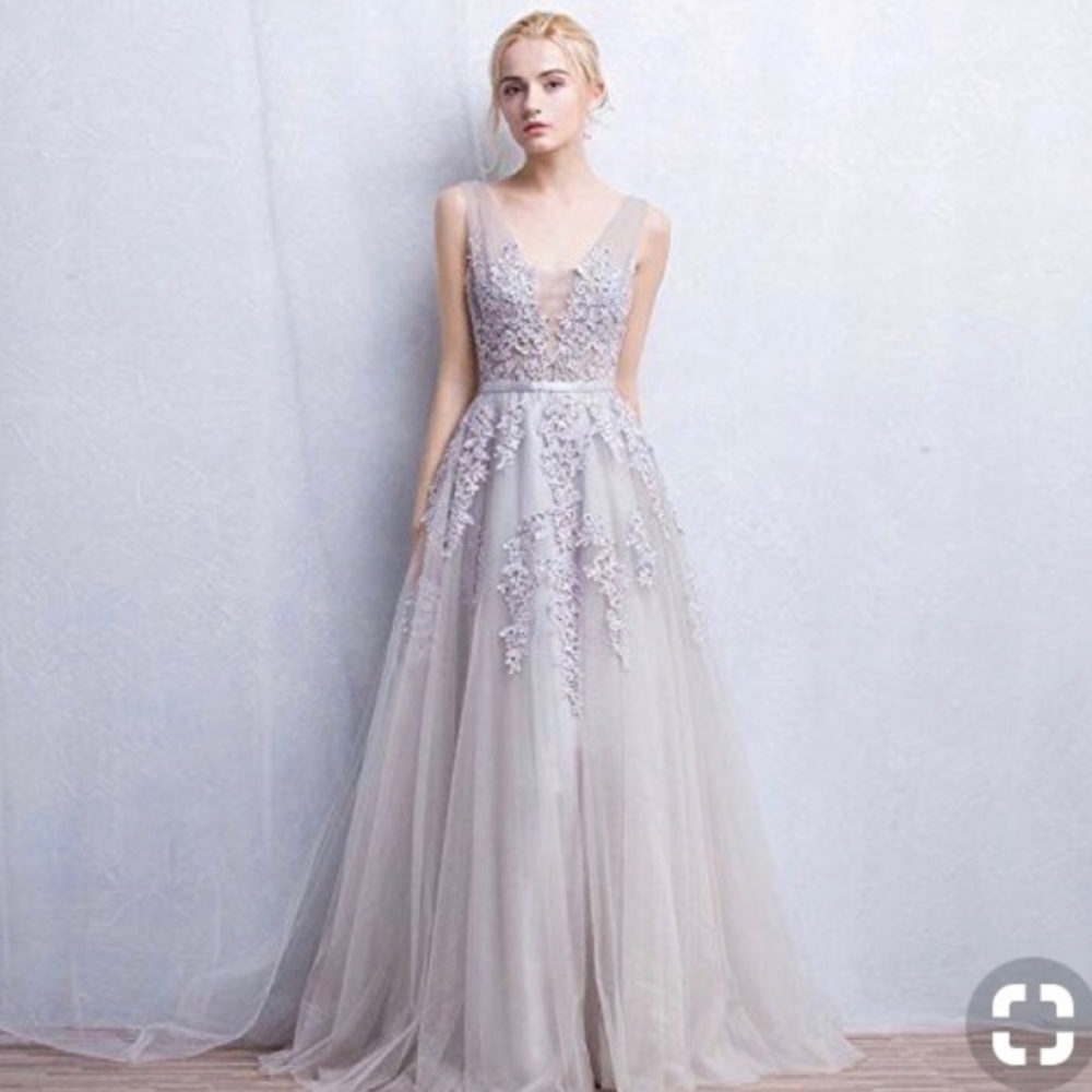 Lace V Neck Ball Gown Prom Dress