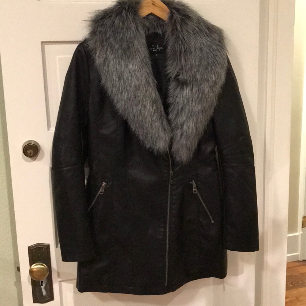 Medium Length Leather Jacket with Fur