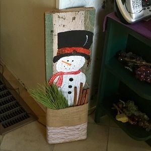 Reclaimed barn wood SNOWMAN with Burlap pouch