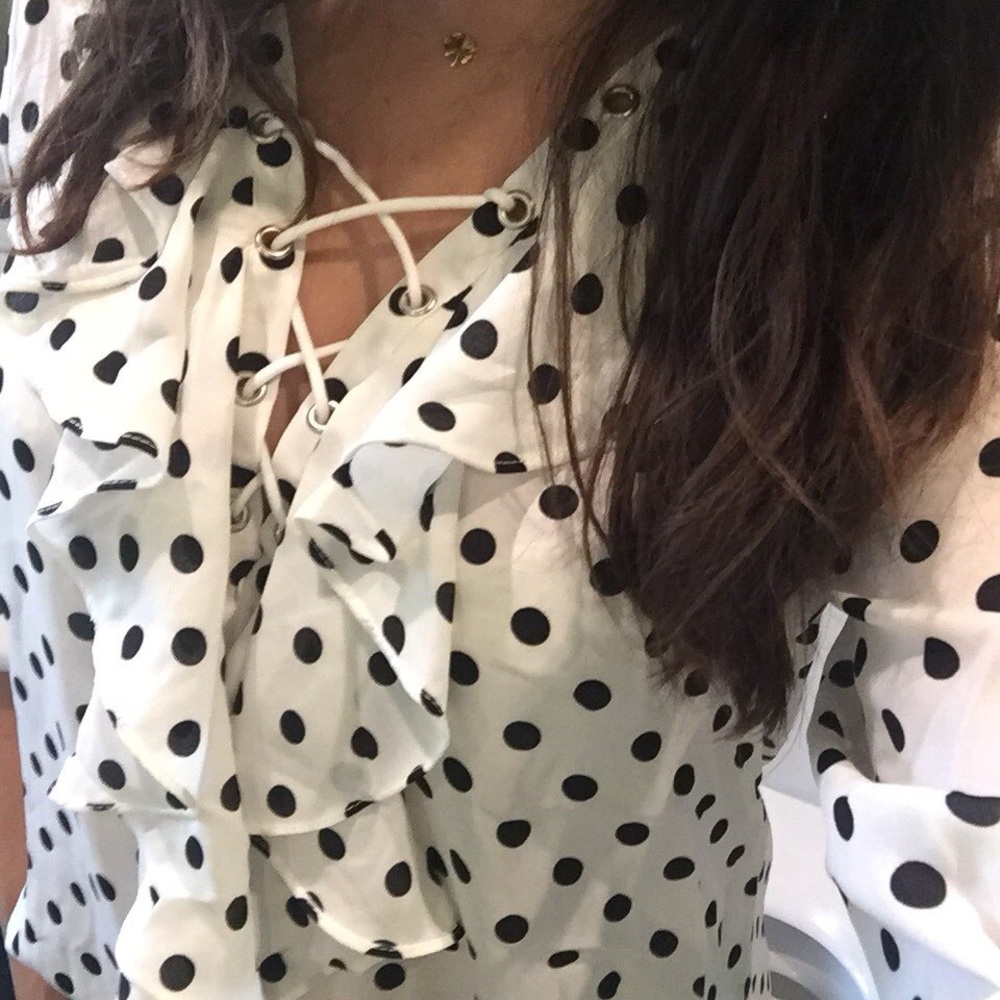 ✨Polka Dot Chiffon Blouse With Cascading Ruffles✨ - Picture 2 of 4