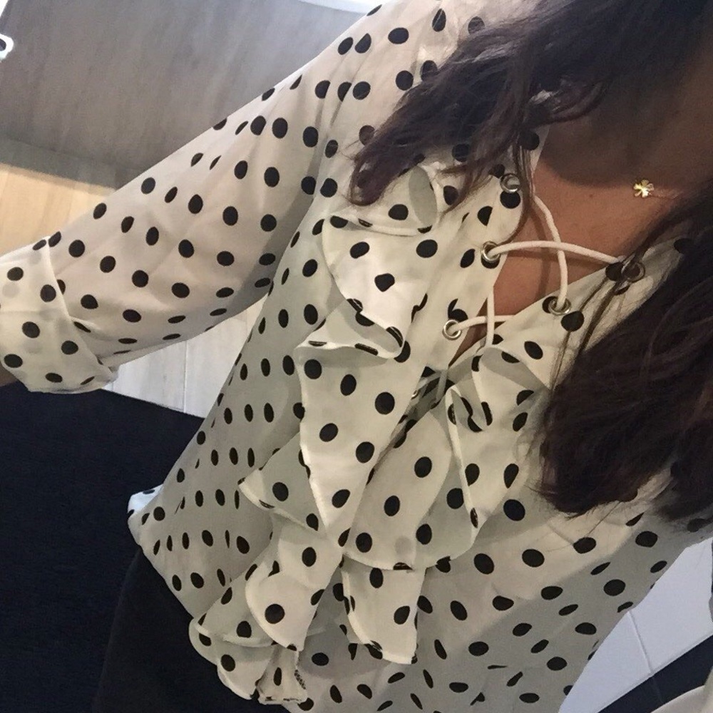 ✨Polka Dot Chiffon Blouse With Cascading Ruffles✨ - Picture 3 of 4