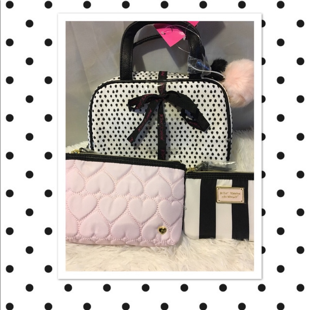 Betsey Johnson 3 in 1 makeup bag pink white black - Picture 1 of 8