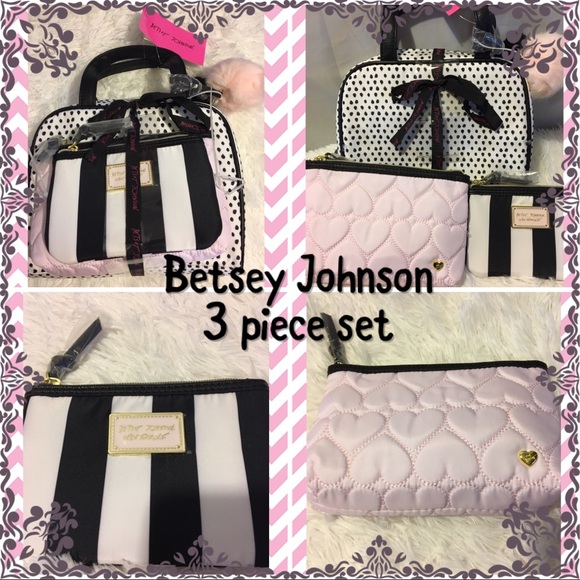 Betsey Johnson 3 in 1 makeup bag pink white black - Picture 6 of 8
