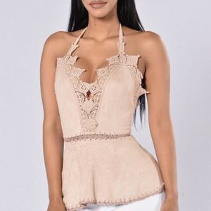 Fashion nova suede tan lace tank top halter new