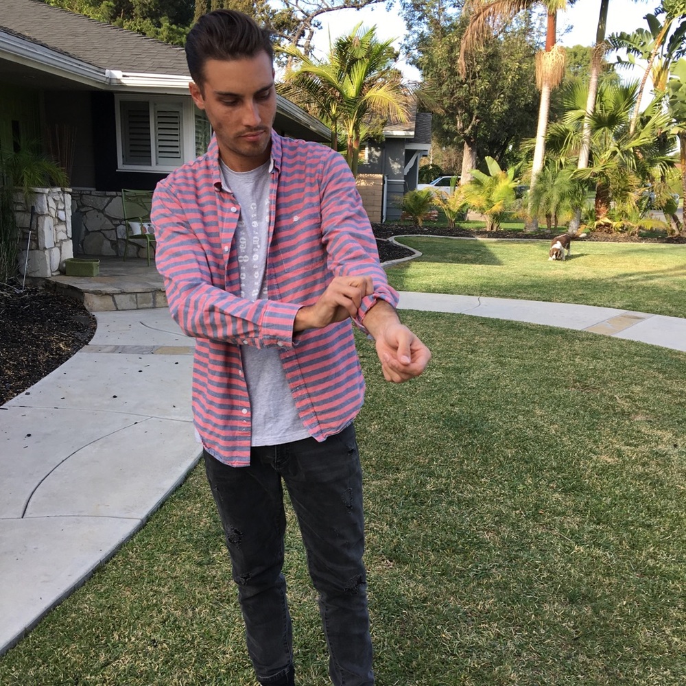 Pink and grey striped long sleeve button down
