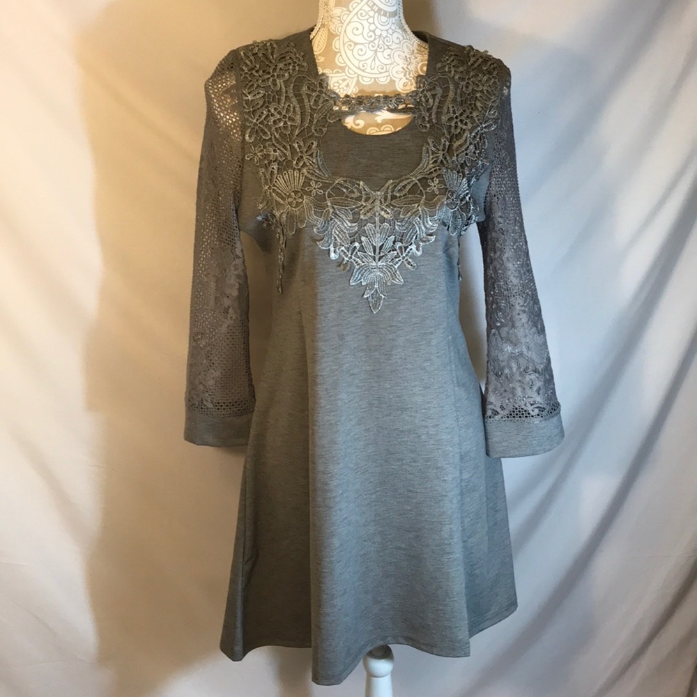 Lightweight gray, crocheted/lace detail minidress