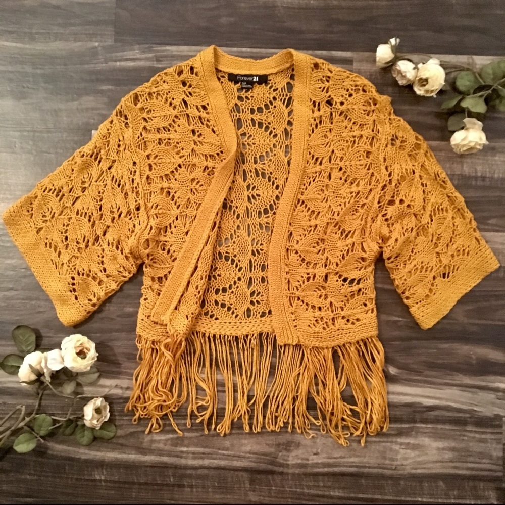 FOREVER 21 Crochet Kimono Cardigan Fringe