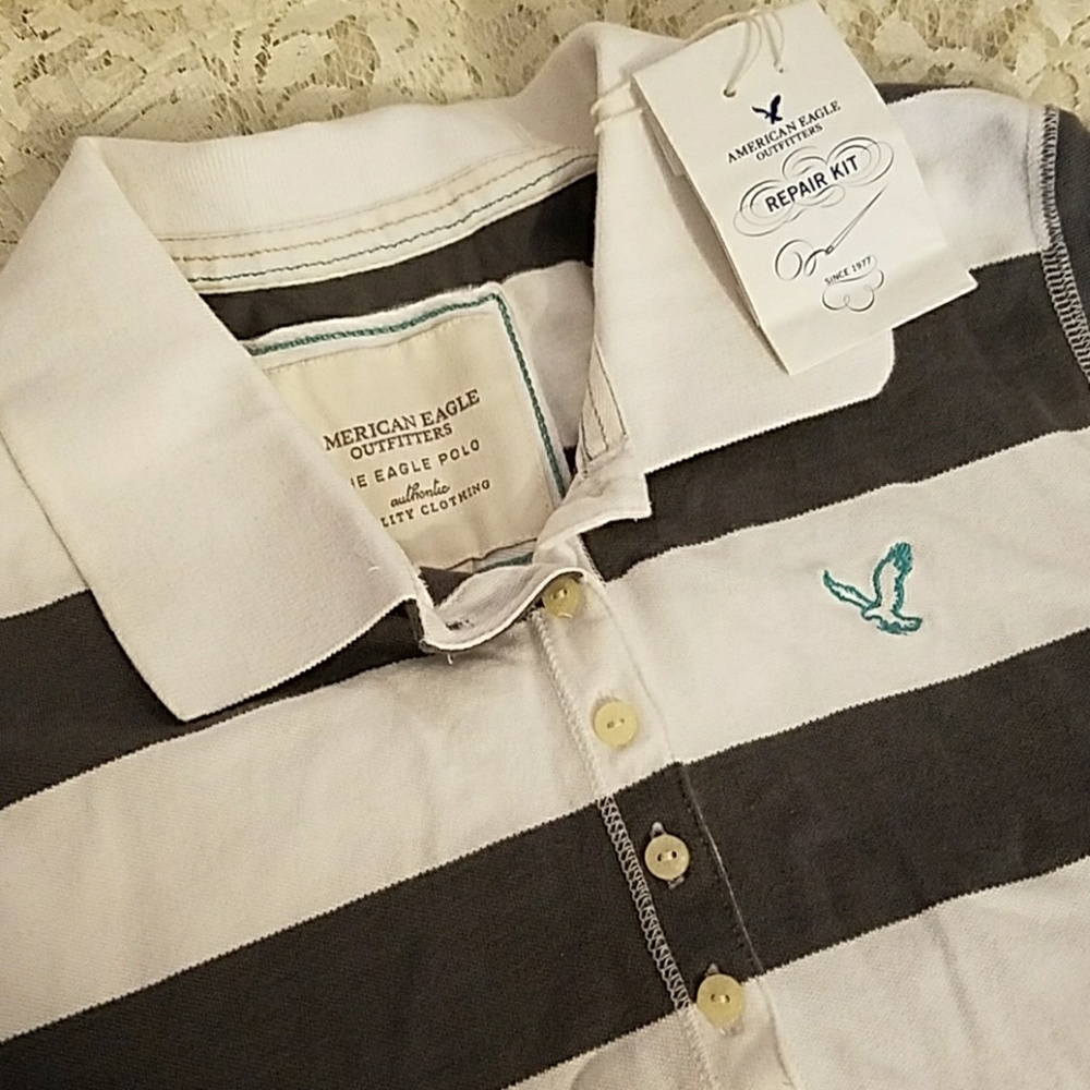 NEW American Eagle Polo grey white striped nwt