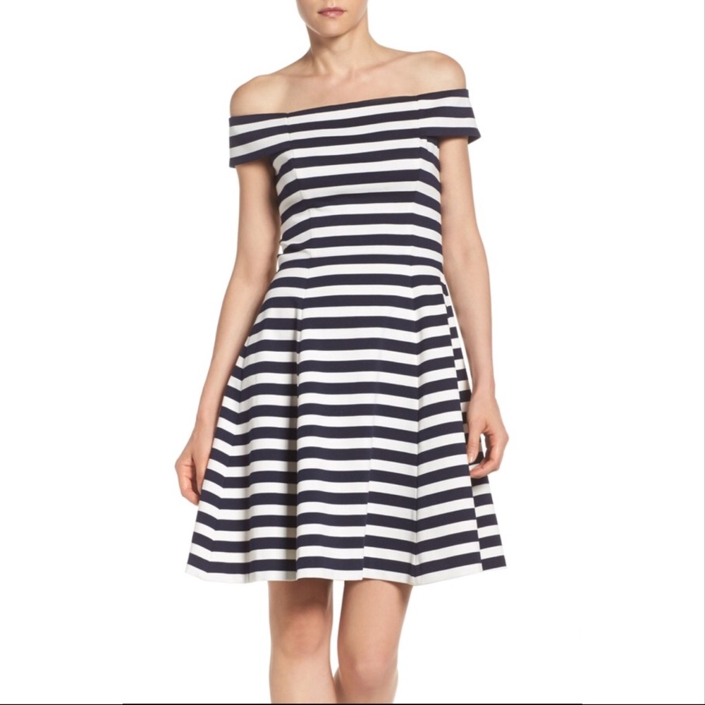 New! Chelsea28 Striped Off Shoulder Flare Dress - Picture 1 of 8