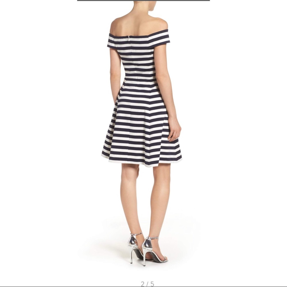 New! Chelsea28 Striped Off Shoulder Flare Dress - Picture 2 of 8